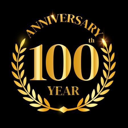 100th golden anniversary logo,with Laurel Wreath and gold ribbon Vector Illustrationのイラスト素材