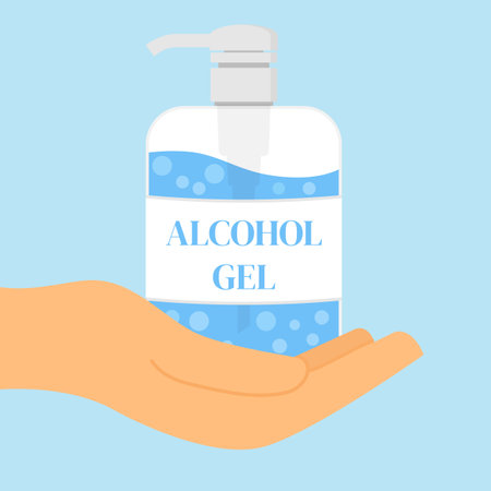 hand holding a sanitizer, washing gel. Waterless hand cleaner. Handwashing. Vector illustration, flat designのイラスト素材