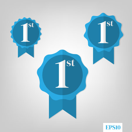 set of Number 1 winner blue ribbon award badge, First place award,flat design style,ribbon for business and design. Design elementsのイラスト素材