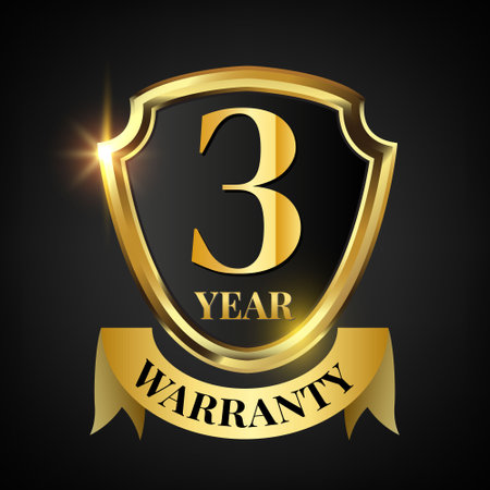 3 year warranty logo with golden shield and golden ribbon.Vector illustration.のイラスト素材
