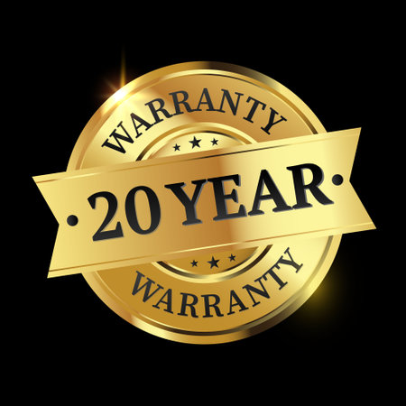 20 year warranty logo with golden shield and golden ribbon.Vector illustration.のイラスト素材