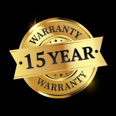 15 year warranty logo with golden shield and golden ribbon.Vector illustration.のイラスト素材