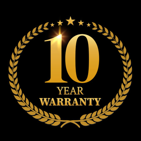 10 year warranty logo with golden shield and golden ribbon.Vector illustration.のイラスト素材