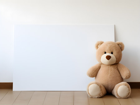 Fluffy brown teddy bear with  a blank sign with space for copy,Generative Aiの素材