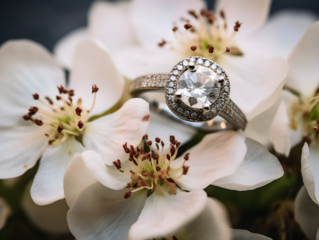 wedding ring with diamond on white flower, soft focus,Generative Aiの素材