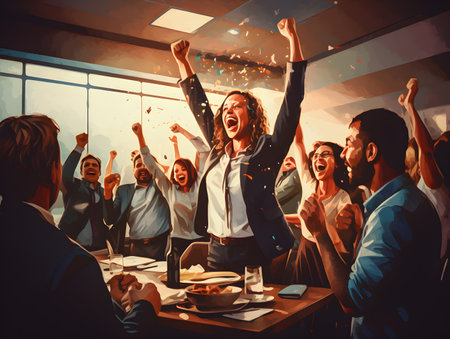 Cheerful young business people are celebrating success in the office.の素材