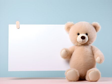 Fluffy brown teddy bear with  a blank sign with space for copy,Generative Aiの素材
