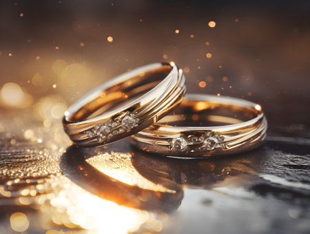 Golden wedding rings symbolizing love and marriage,two wedding rings are together on a glittering surface ,Generative Aiの素材