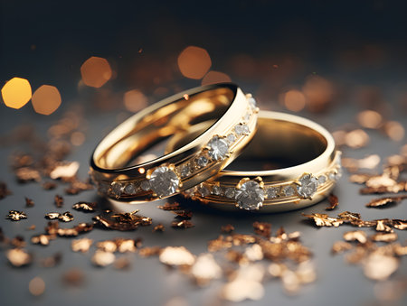 Golden wedding rings symbolizing love and marriage,two wedding rings are together on a glittering surface ,Generative Aiの素材