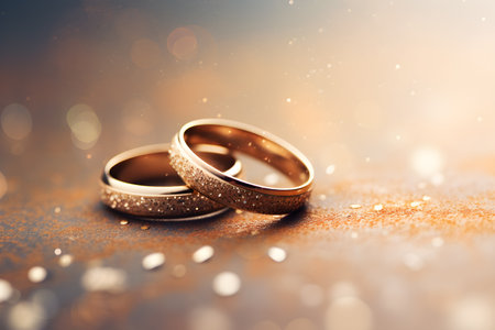 Golden wedding rings symbolizing love and marriage,two wedding rings are together on a glittering surface ,Generative Aiの素材