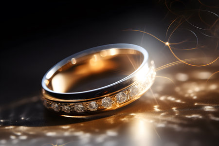 Golden wedding rings symbolizing love and marriage,two wedding rings are together on a glittering surface ,Generative Aiの素材