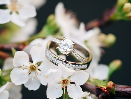 wedding ring with diamond on white flower, soft focus,Generative Aiの素材