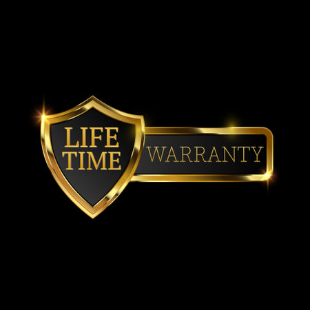 lifetime warranty logo with golden shield and golden ribbon.Vector illustration.のイラスト素材
