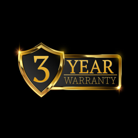 3 year warranty logo with golden shield and golden ribbon.Vector illustration.のイラスト素材