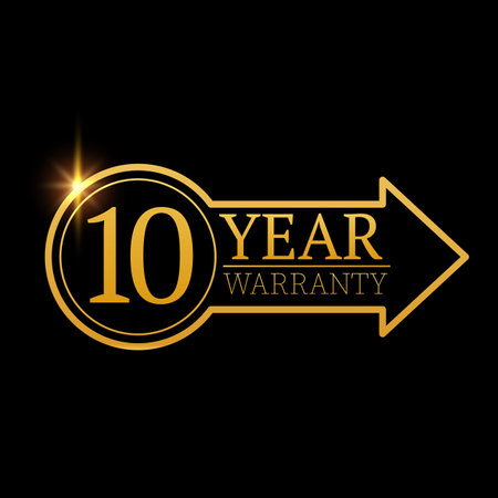 10 year warranty logo with golden shield and golden ribbon.Vector illustration.のイラスト素材
