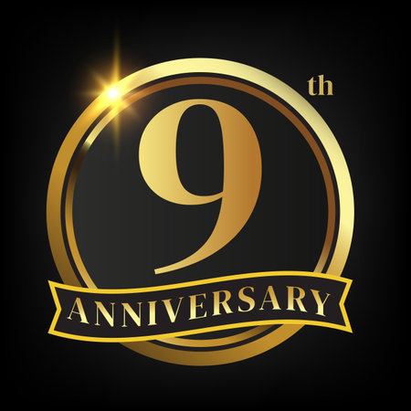 9th golden anniversary logo,with Laurel Wreath and gold ribbon Vector Illustrationのイラスト素材