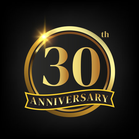 30th golden anniversary logo,with Laurel Wreath and gold ribbon Vector Illustrationのイラスト素材