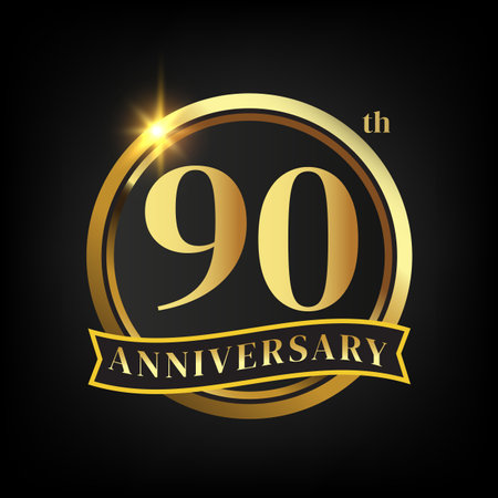 90th golden anniversary logo,with Laurel Wreath and gold ribbon Vector Illustrationのイラスト素材