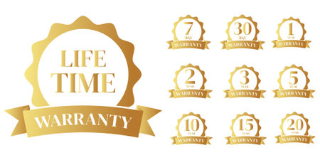set of golden warranty logo,Vector golden warranty number. 7, 30, 3, 1, 2, 6, 5, 20,10, life time,logo design. vector illustrationのイラスト素材