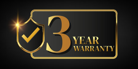 3 years warranty golden label with shield and check mark, vector illustrationのイラスト素材