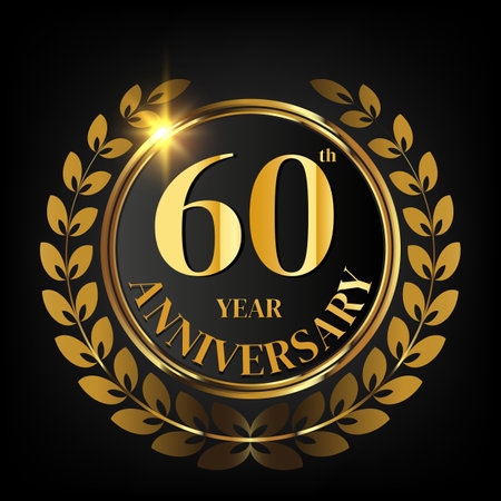 60th year golden anniversary logo,with Laurel Wreath and gold ribbon Vector Illustrationのイラスト素材