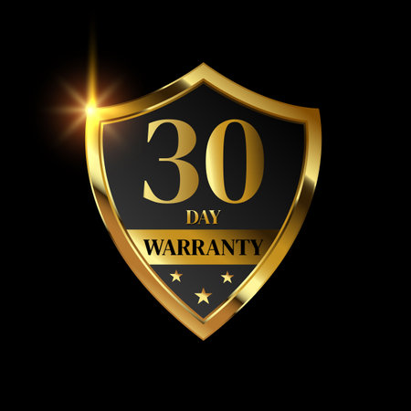 30 day warranty logo with golden shield and golden ribbon.Vector illustration.のイラスト素材