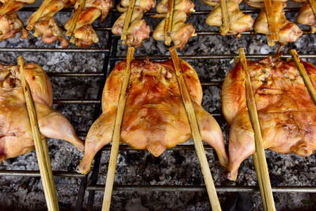 Grilling whole chickens in rotisserie machine, closeup. on the grill with flames.の写真素材