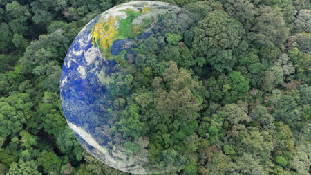 Aerial top view green forest with earth, Green planet in your hands, Save Earth, Texture of forest...