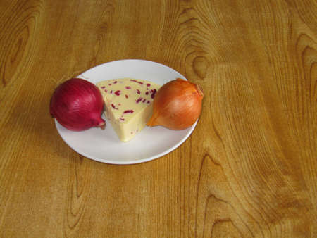 Cheese with two onions on a white plate の写真素材