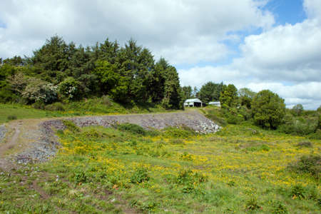 A landscape showing a pathway leading to a shed.の写真素材