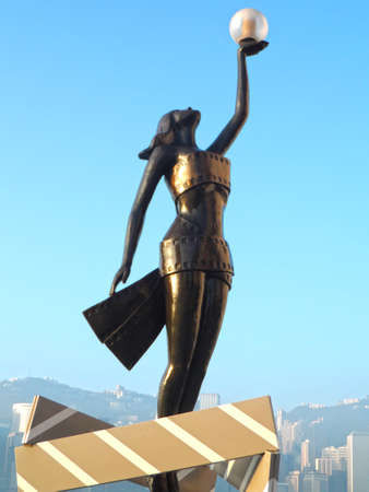 An early morning shot of the replica of the statuette given to winners at the Hong Kong Film Awards at the Avenue of Stars in Tsim Sha Tsui.のeditorial素材