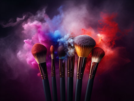 Makeup brush with colorful makeup powder, makeup concept, makeup background, Generative AIの素材