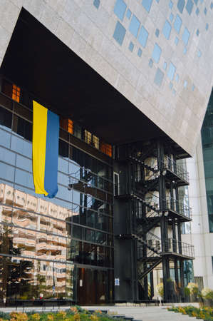 Ukrainian flag on the facade of the National Library of Ukraine.の写真素材