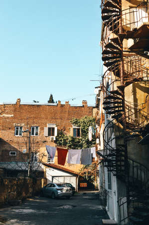 View of the narrow street in Tbilisi, capital of Georgiaの写真素材