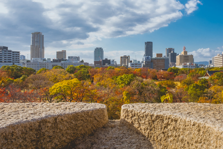 Cityscape view from Osaka castle, Kansai, Japanのeditorial素材