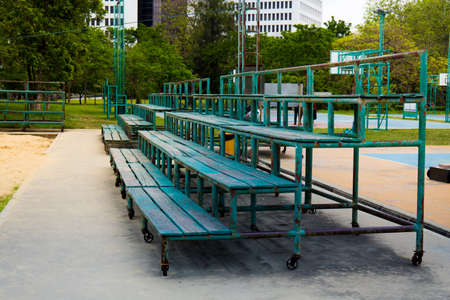 Wooden bleachers in sports fieldの写真素材