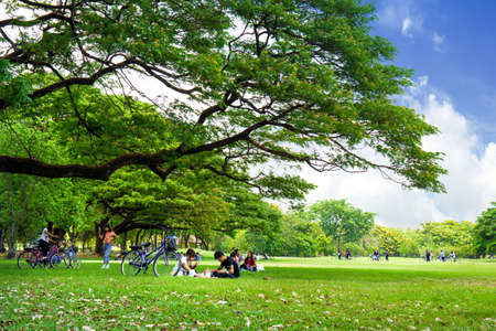 Bangkok, THAILAND - April 18 2017 : Park where people like to relax in Bangkok.Picnic couples and...