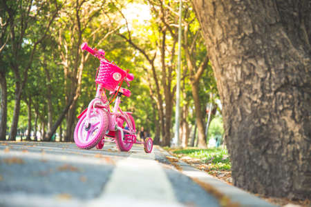 Bangkok, THAILAND - April 20 2017 : ,Vachirabenjatas Park 2017 : Pink Children bicycle parked in popular parks,Vachirabenjatas Parkの写真素材