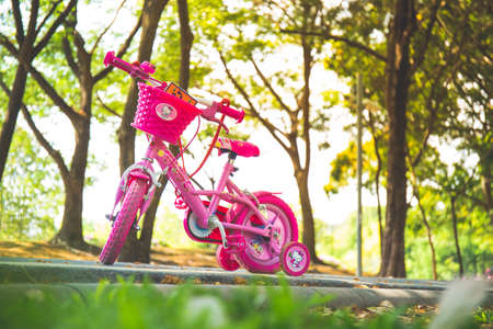 Bangkok, THAILAND - April 20 2017 : ,Vachirabenjatas Park 2017 : Pink Children bicycle parked in popular parks,Vachirabenjatas Parkの写真素材