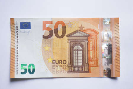 fifty euro banknote isolated on white background.Euro currency moneyの写真素材