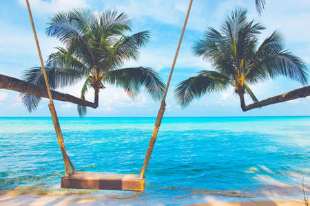 Coconut trees sticking to the sea with wooden swings
