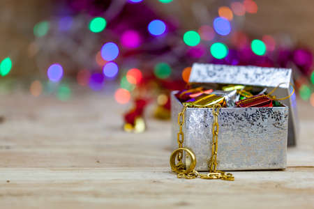 Jewelry, gold necklaces and gold rings put on gift boxes
