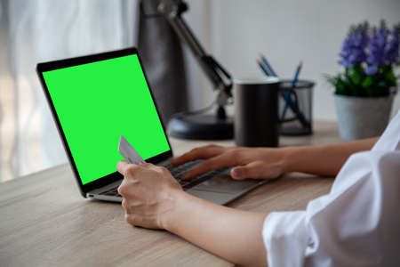 Young woman looking at products on the computer and paying with a credit cardの写真素材