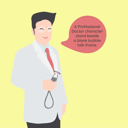 A Professional Doctor character stand beside a blank bubble talk frame.のイラスト素材