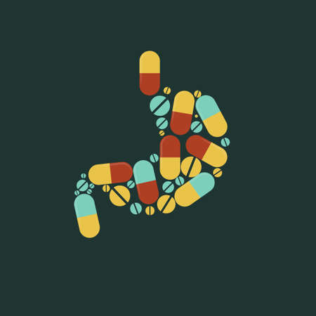 stomach icon being cured by medicine pillのイラスト素材