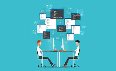 vector developer working on workplace. develop for website and applicationのイラスト素材
