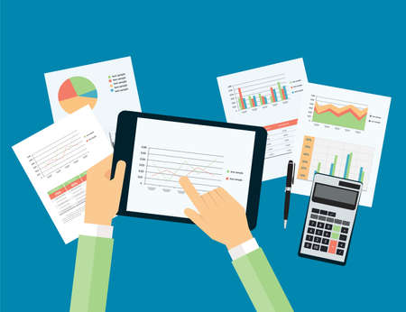 business hand touch on analytic graph in device with report paper conceptのイラスト素材