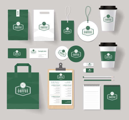 corporate branding identity mock up template for coffee shop and restaurant with card, menu, packaging,vector for editableのイラスト素材