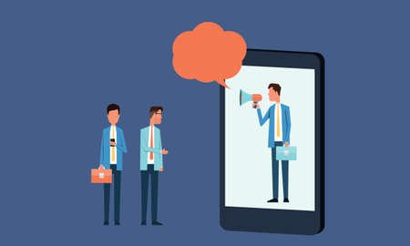 Business online and social marketing concept and flat group people with business man hold megaphone in mobileのイラスト素材