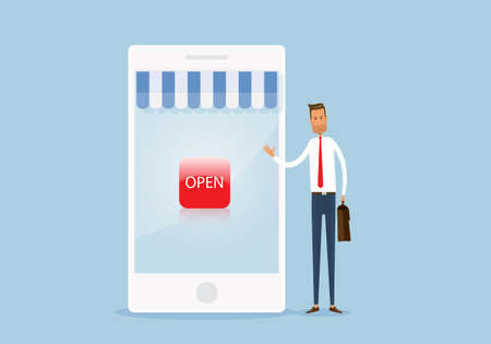 Flat vector open online store shopping and business mobile commerce conceptのイラスト素材
